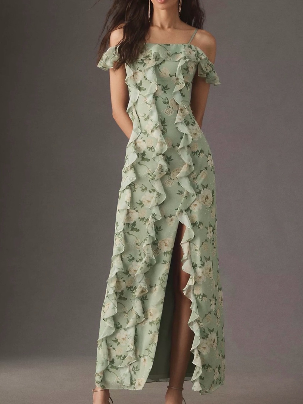 BHLDN Off-Shoulder Ruffled Chiffon Maxi Dress XS Anthropologie Floral Wedding